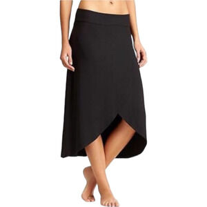 Athleta Front Wrap Pull On Ribbon Midi Skirt Black Stretch Jersey Medium Travel